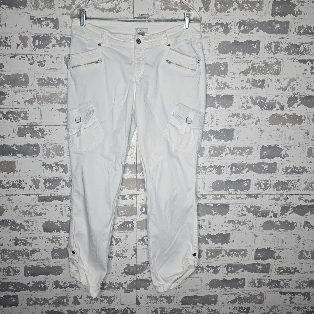 Cache Pants Womens 6 White Cargo Utility Ankle Zippers Pockets Casual Stretch